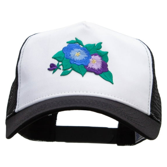 Pansies Flower Patched 5 Panel High Profile Poly Cotton Twill Mesh Trucker Cap - White Black OSFM