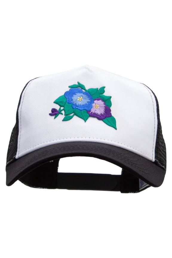Pansies Flower Patched 5 Panel High Profile Poly Cotton Twill Mesh Trucker Cap - White Black OSFM