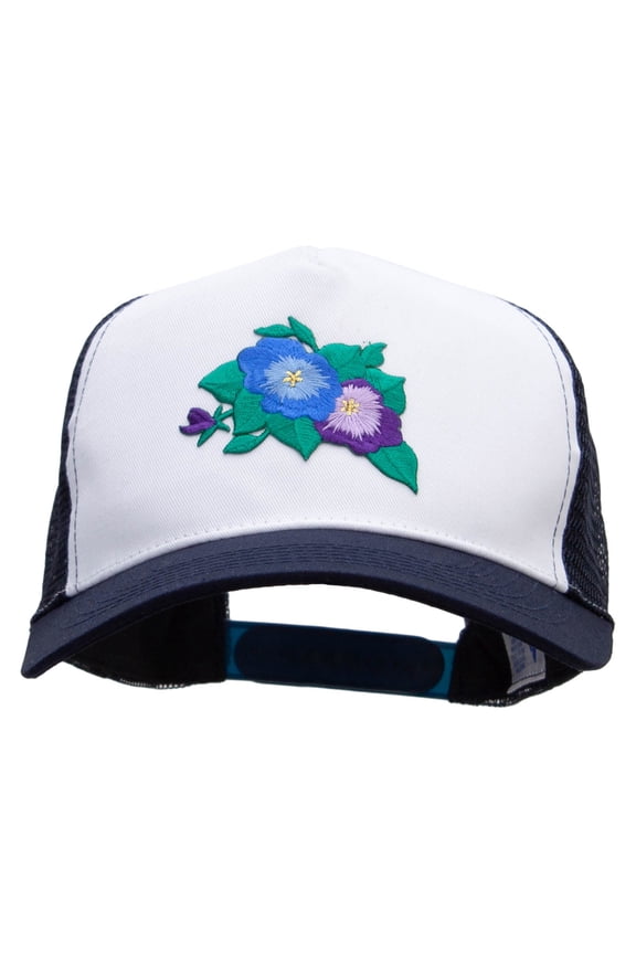 Pansies Flower Patched 5 Panel High Profile Poly Cotton Twill Mesh Trucker Cap - White Navy OSFM