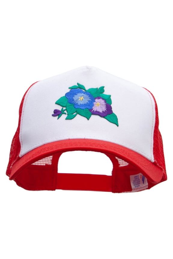 Pansies Flower Patched 5 Panel High Profile Poly Cotton Twill Mesh Trucker Cap - White Red OSFM