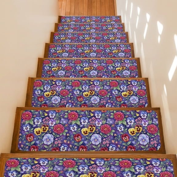 Pansies Roses Non-Slip Stair Treads for Wooden Steps, 15 Pack 8x30 Inches Carpet Stair Mats with Adhesive Backing, Noise-Reducing Step Covers for Indoor Stairs, Easy to Install & Residue-Free