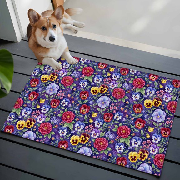 Pansies Roses Washable Entry Rug 2x3 Garden Flowers Floral Botanical Purple Low Pile Indoor Door Mat with Rubber Backing Thin Area Rug for for Entrance, Bedroom, Kitchen, Laundry, Bathroom