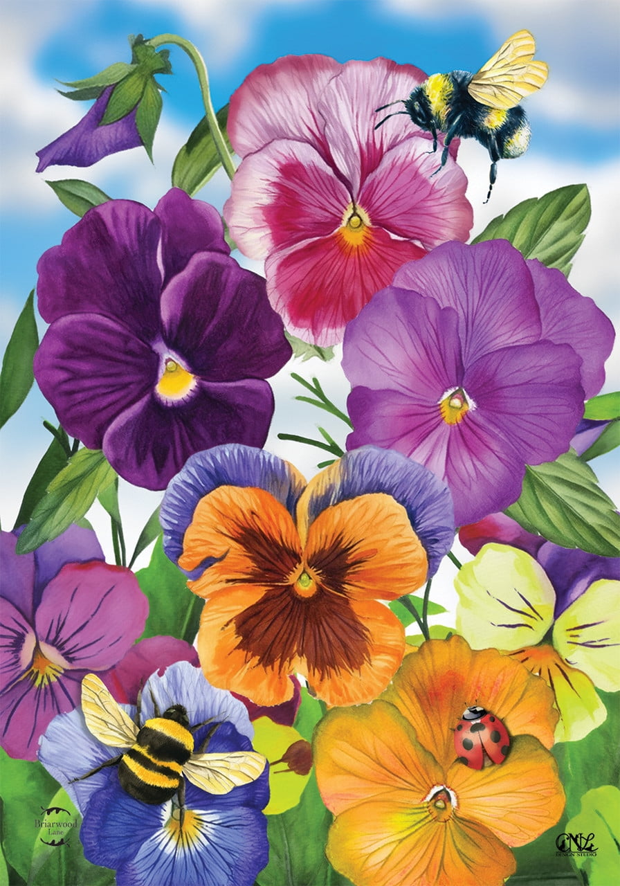 Vibrant Pansies and Bees Spring Garden Flag