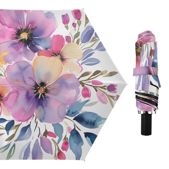 Pansies and Daisy Flower Compact Sun Umbrella Windproof Travel Umbrellas for Rain Strong Portable UV Protection