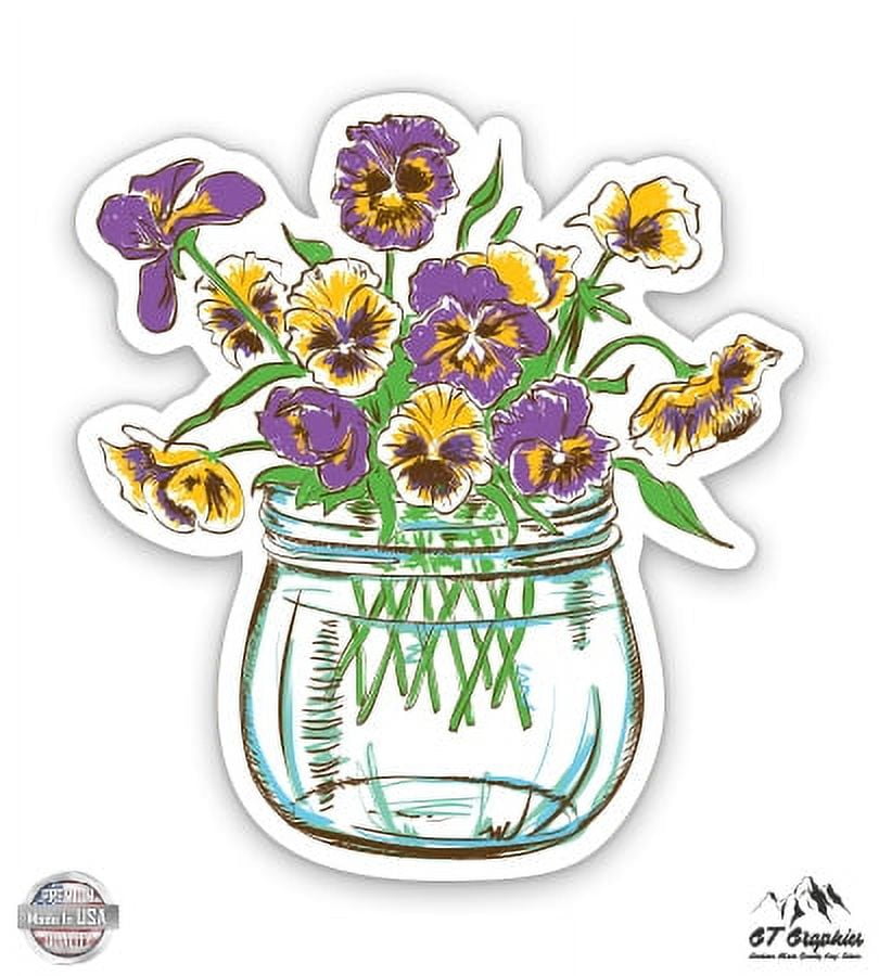 Pansies in Mason Jar 3" Vinyl Sticker For Car Laptop IPad Phone Helmet Hard Hat