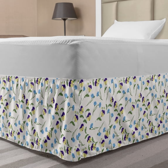 Pansy Bed Skirt, Scattered Layout of Flourishing Cornflowers Botanical Spring Field, Elastic Bedskirt Dust Ruffle Wrap Around for Bedding Decor, 4 Sizes, Pale Eggshell and Multicolor, by Ambesonne
