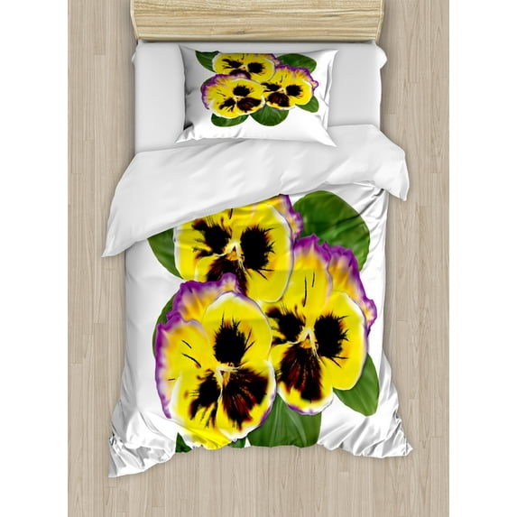 Pansy Duvet Cover Set, Flowers Recalling Spring Season Blossom Nature Time Botanical Feels, Decorative 2 Piece Bedding Set with 1 Pillow Shams, Twin Size, Green Yellow and Purple, by Ambesonne
