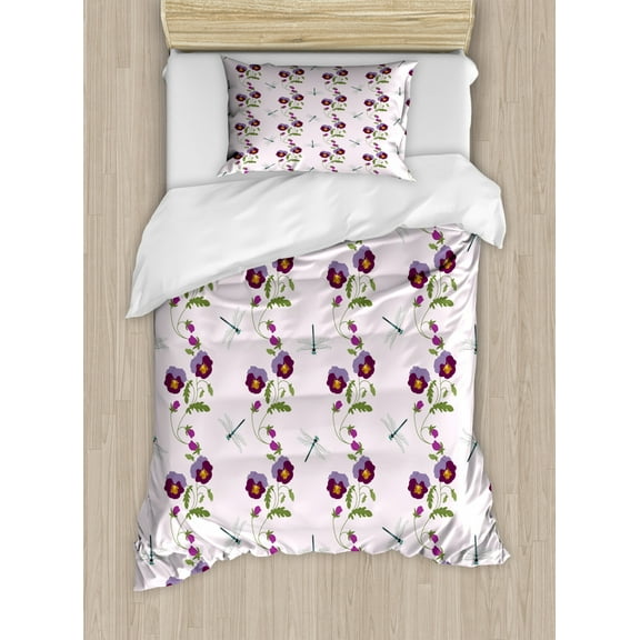 Pansy Duvet Cover Set, Illustrated Composition Dragonflies and Blossoms Insects in the Garden, Decorative 2 Piece Bedding Set with 1 Pillow Shams, Twin Size, Pale Mauve Purple Green, by Ambesonne
