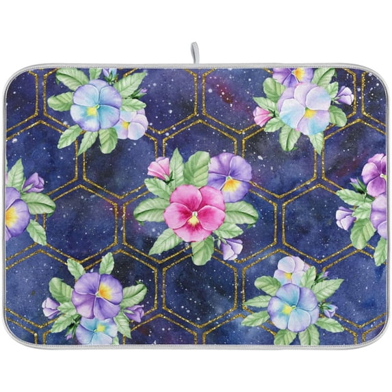 Pansy Floral Dish Drying Mat for Kitchen Counter, Ultra Absorbent Reversible Microfiber Dishes Drying Rack Pad Heat-resistant Mats 18x24in