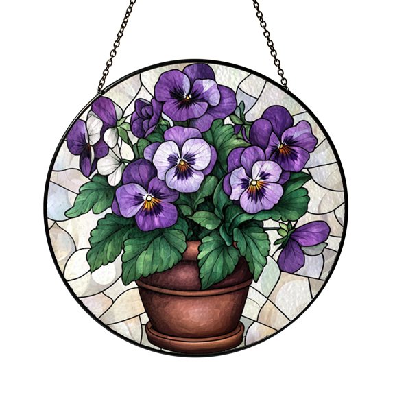 Pansy Flower Glass Suncatcher Window Decor, Purple Blooms in Pot Design, Cheerful Botanical Home Decoration