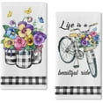 thumbnail image 1 of Pansy Flower Spring Summer Kitchen Dish Towels Set of 2, Life is A Beautiful Ride Bike Mason Jar Hand Towels Drying Baking Cooking Cloth, Buffalo Plaid Farmhouse Home Kitchen Decor 18x26 Inch, 1 of 5