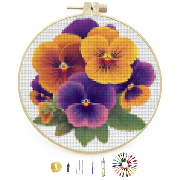 Pansy Flowers Easy Stamped Cross Stitch Kits for Beginners with Hoop Simple Patterns 11CT Counted Embroidery Needlepoint Crafts Arts for DIY Enthusiasts and Home Decor 30x30cm(3)