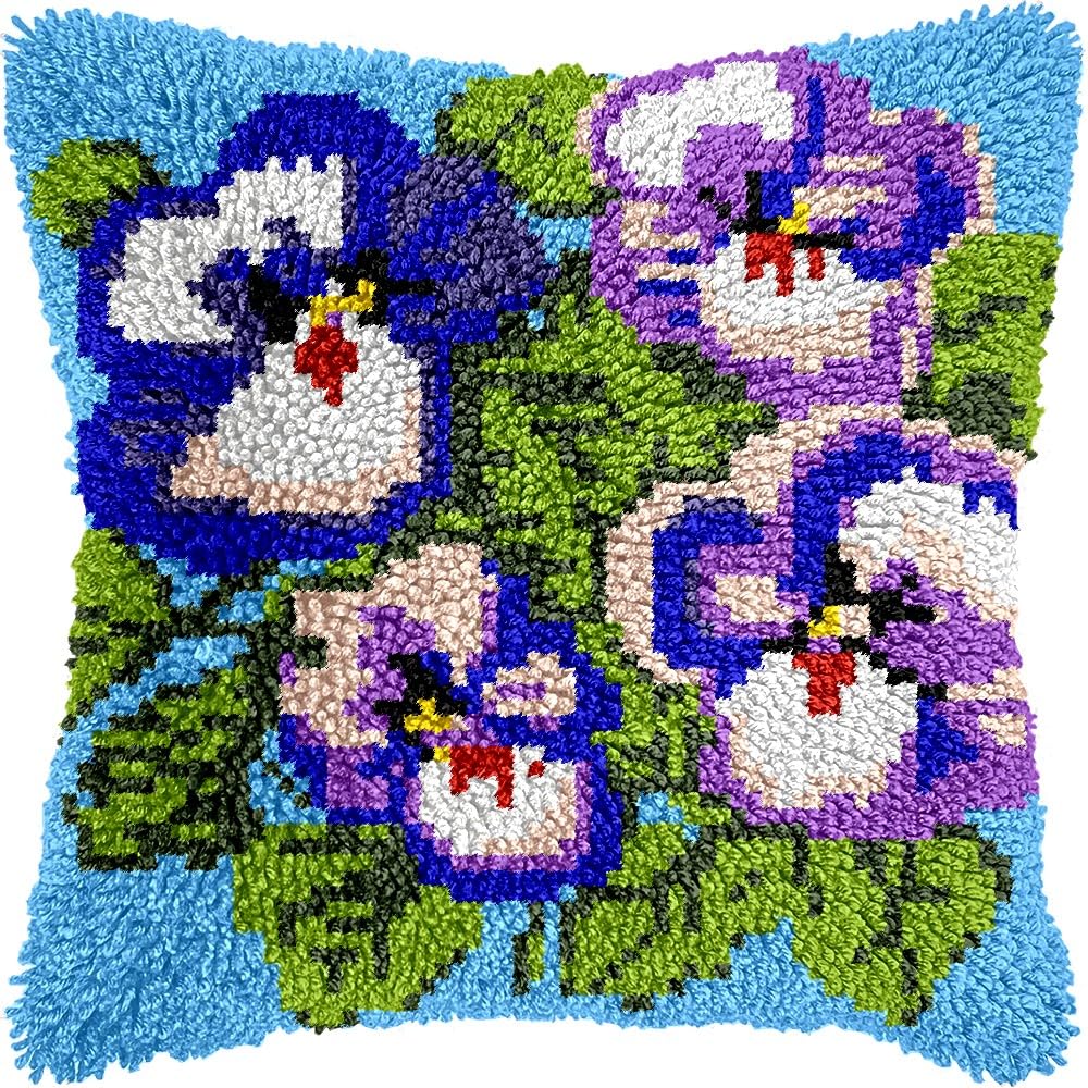 Pansy Flowers Latch Hook Pillow Kits for DIY Handmade Throw Pillow Cushion Embroidery Latch Hooking Pillowcase Kits with Preprinted Canvas Crochet Yarn Kits 17''X 17''(g10)