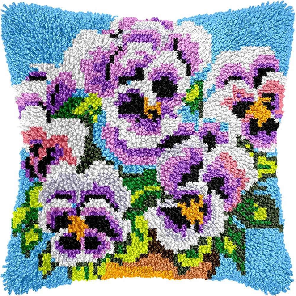 Pansy Flowers Latch Hook Pillow Kits for DIY Throw Pillow Cushion Embroidery Latch Hooking Pillowcase Kits with Preprinted Canvas Crochet Yarn Kits for Home Decor 17''X 17''(d55)