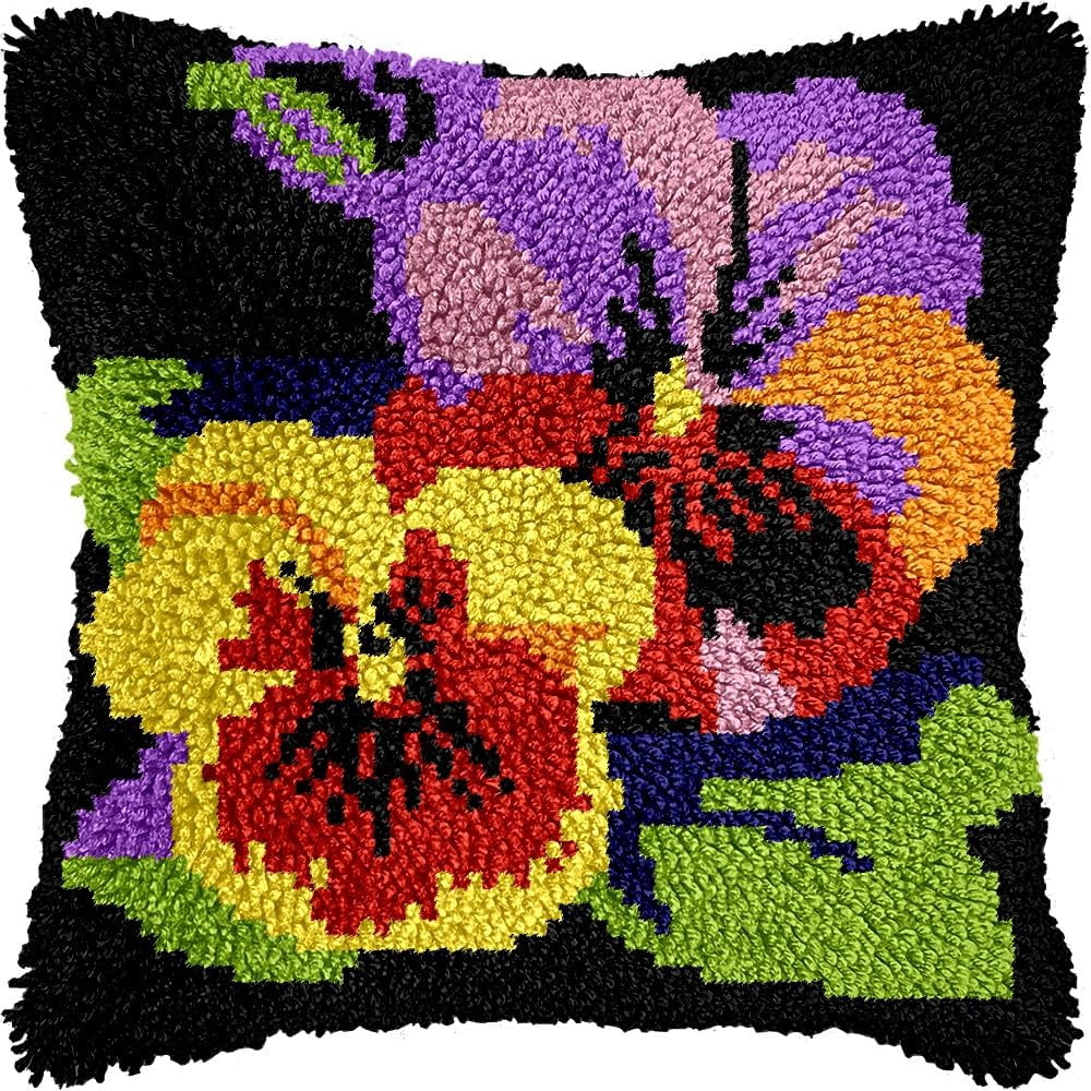 Pansy Flowers Latch Hook Pillow Kits for DIY Throw Pillow Cushion Embroidery Latch Hooking Pillowcase Kits with Preprinted Canvas Crochet Yarn Kits for Home Decor 17''X 17''(C120)