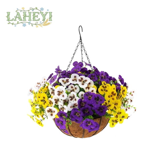 Pansy Hanging Flowers, Includes 48 UV-Resistant Silk-like Pansies, Suitable for Outdoor Hanging Decorations for Porches, Courtyards, Gardens, and Home Decor(1PCS)
