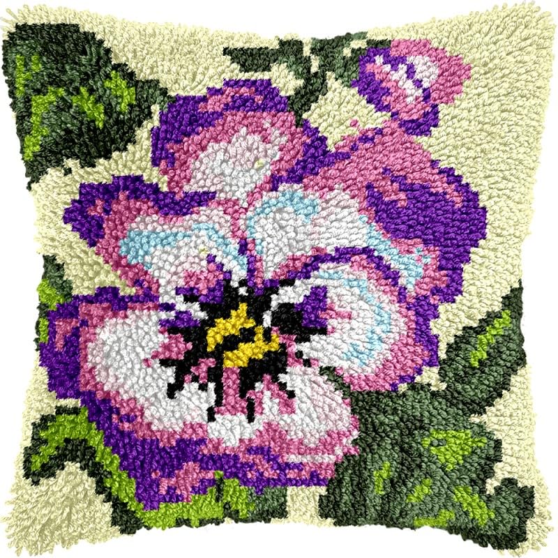 Pansy Latch Hook Pillows Kits Cushion Pillow Cover with Pattern Printed Canvas Sofa Hooking Pillowcase Crafts Embroidery Latch Hooking Crochet Kits Set 17x17 inch(1)