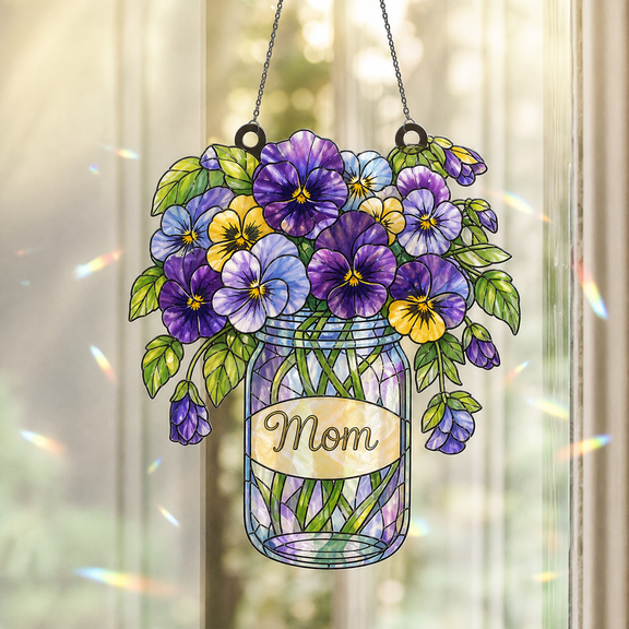 Pansy Mason Jar Holographic Acrylic Window Ornament Rainbow Suncatcher for Mom