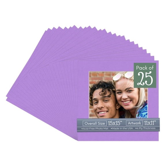 Pansy Purple Picture Frame Mat for 15x15 Frames - Fits 11x11 Photos - 25 Mats