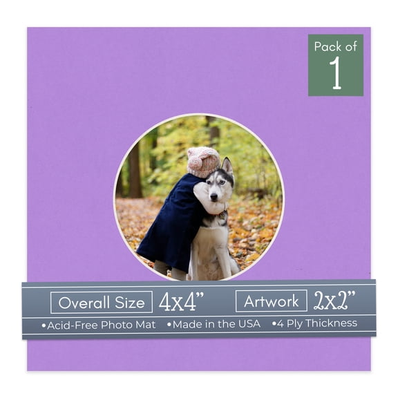 Pansy Purple Picture Frame Mat for 4x4 Inch Frames - Circle Opening for 2x2 Photos - 1 Mat