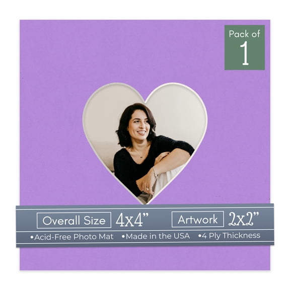 Pansy Purple Picture Frame Mat for 4x4 Inch Frames - Heart Opening for 2x2 Photos - 1 Mat