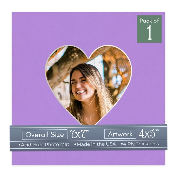 Pansy Purple Picture Frame Mat for 7x7 Frames - Heart Opening for 4x5 Photos - 1 Mat