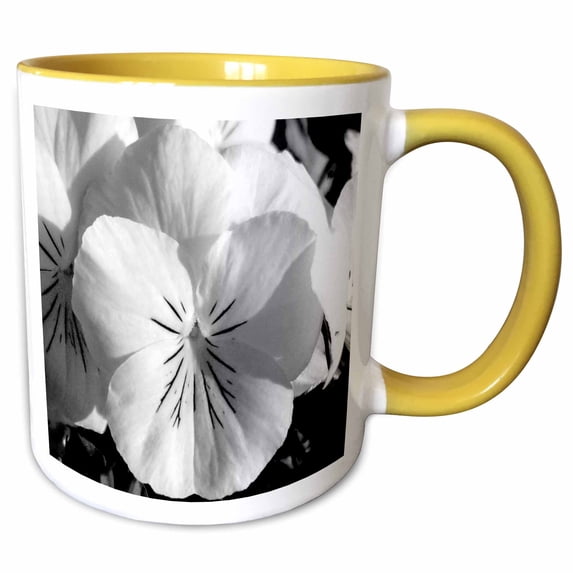 3drose, Pansy Puss, Black and White Photograph of a Pansy at Close Range, 11oz Two-tone Yellow Mug