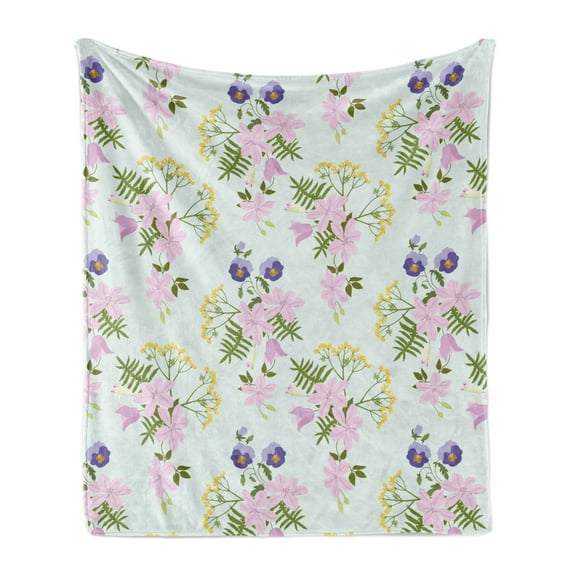 Pansy Soft Flannel Fleece Throw Blanket, Close Up Scene of Detailed Garden Flowers Blooming Clematis Yarrow, Cozy Plush for Indoor and Outdoor Use, 60" x 80", Mint Green and Multicolor, by Ambesonne