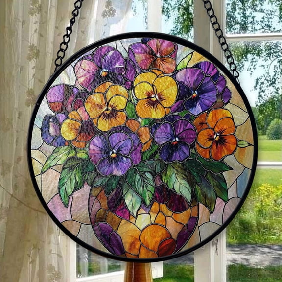 Pansy Stained Glass Suncatcher, Purple and Yellow Floral Art, Hanging Car Charm, Elegant Home Decor, Unique Gift for Women, Stained Glass Ornament 2025, Holiday Decoration,