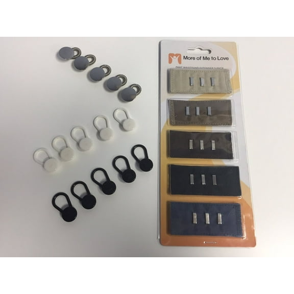 Pant & Skirt Waistband Extender Set (20 pieces) - White Button, Black Button, Spring Button and Cotton Hook Extenders (5 of each) - Add an inch in a pinch!
