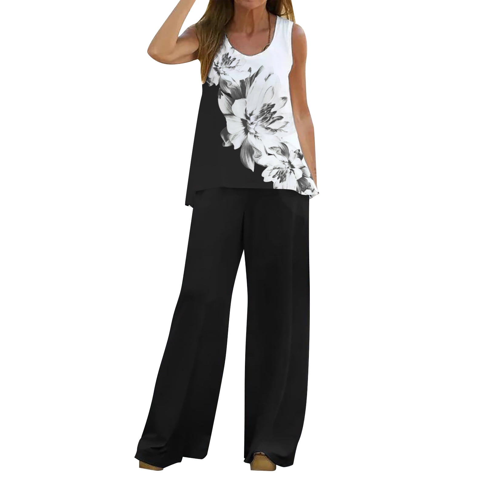 Pant Suits for Women Dressy Wedding Guest Women 2 Piece Outfits Boho Casual Printed Vest Sleeveless Top Loose Wide Leg Pants Trousers Two Piece Set Suit Wedding Pant Suits for Women Elegant