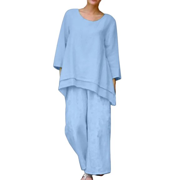 Pant Suits for Women Dressy Women Casual Solid Round Neck Long Sleeve Splice Shirt Blouse Elastic Waist Pant Set Suits Petite Pants Suit Interview Clothes for Pants Suit Summer Work Womens Size Blue M