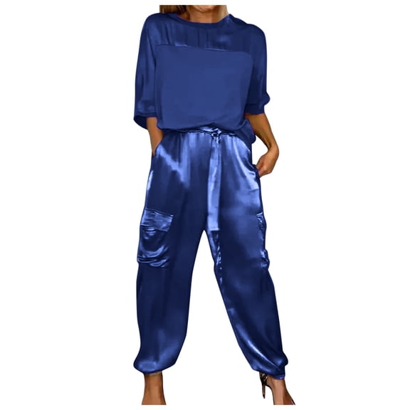 Pant Suits for Women Dressy Women Smooth Satin Half Sleeve Top And Pants Set plus Size Snow Bibs Casual Pantsuit for on Piece Jumpsuit Christmas Outfits Dressy Summer Business Casual Clothes Blue XXL