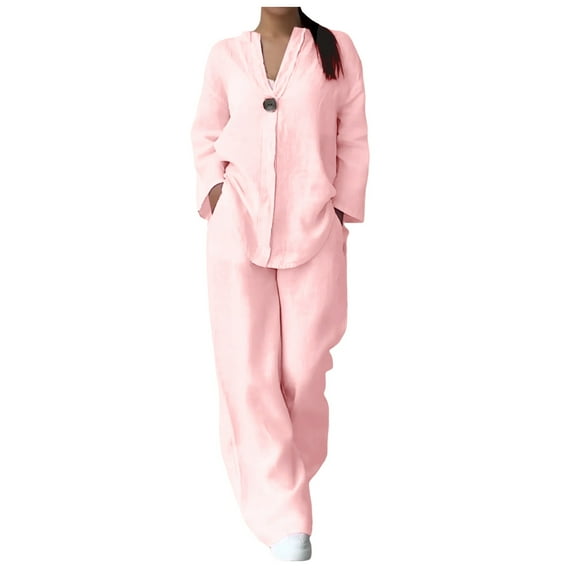 Pant Suits for Women Dressy Women's Casual Sets Solid Color Button Long Sleeve Shirt High Waist Loose Pocket Pant Two Piece Top And Bottom Set Zipper up Pants Suit for Women Womens Party Suit M Pink S