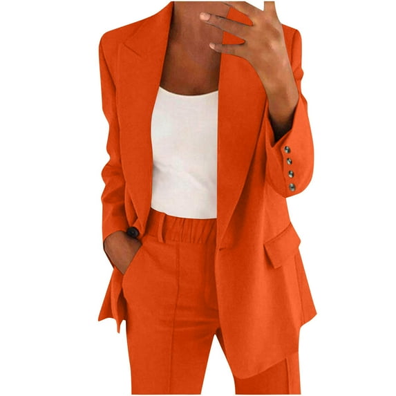 Pant Suits for Women, Solid Color Business Blazer Suit, Long Sleeve Cardigan with Pants Dressy Casual Work Outfits Linen Pant Sets Lady 2 Piece Outfits Orange L