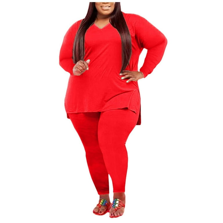 Pant Suits for Women Women s Plus Size Women s Fashion V Neck Long Sleeved Trousers Casual Solid Color Suit Womens Pant Suits Dressy Color Red Size XL Walmart