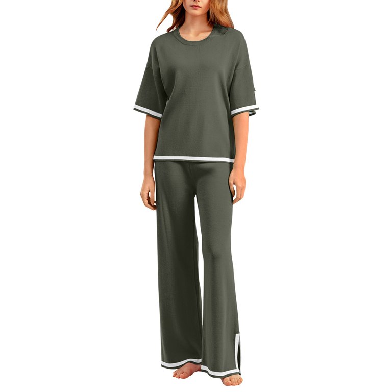 Pant Suits for Women Womens Knit 2 Piece Sweater Sets Short Sleeve