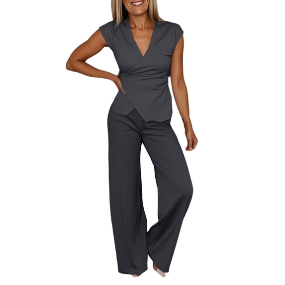 Pant Suits for Women Dressy 2 Piece Business Casual Outfits Vest and Elastic Waist Straight Leg Pants Set for Office Work Casual Matching Set