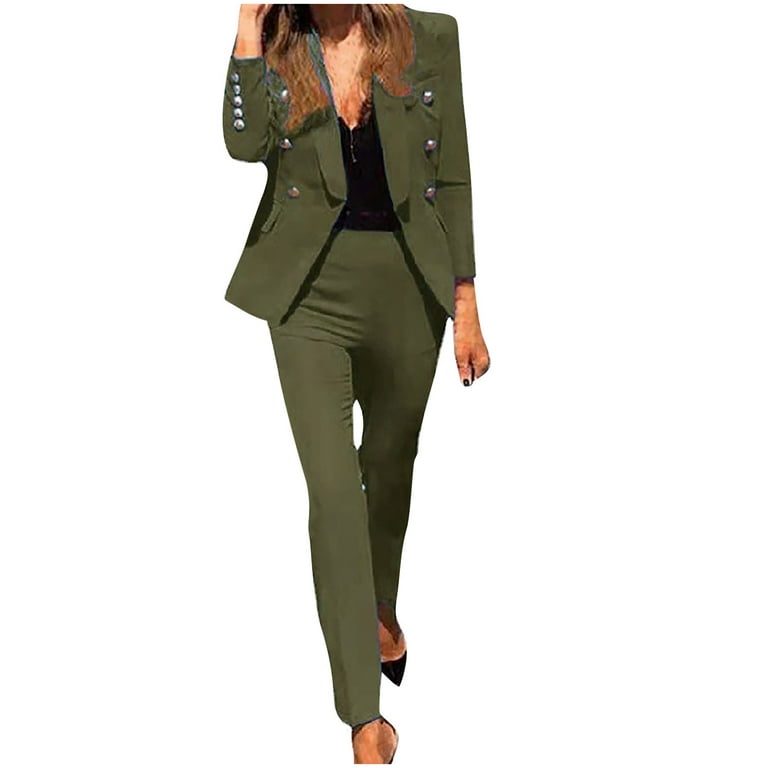 Pant Suits for Women Dressy, Fashion Double Breasted Long Sleeve Slim Fit  Blazer 2 Piece Outfits Business Casual Sets Army Green 