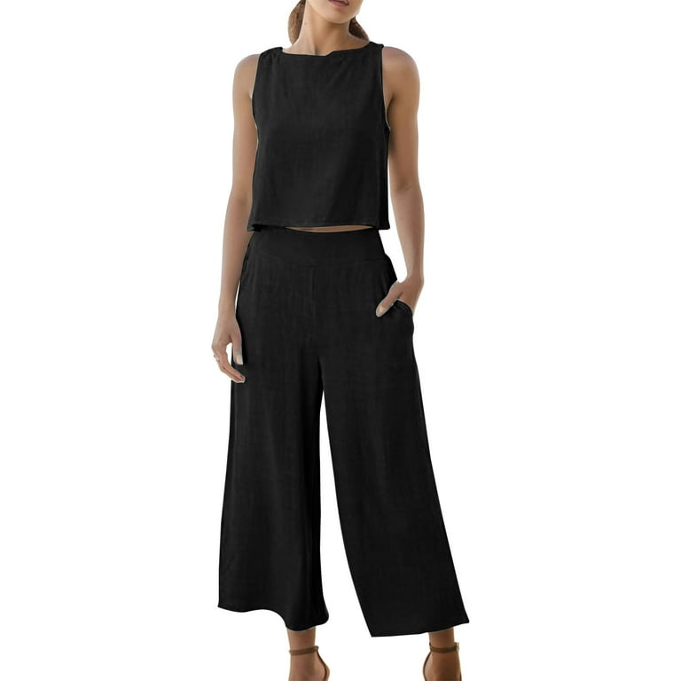 Pant Suits for Women Women s Solid Color Button Fashion Short Sleeve Top and Capri Pants Set Womens Pant Suits Dressy Color Black Size M Walmart