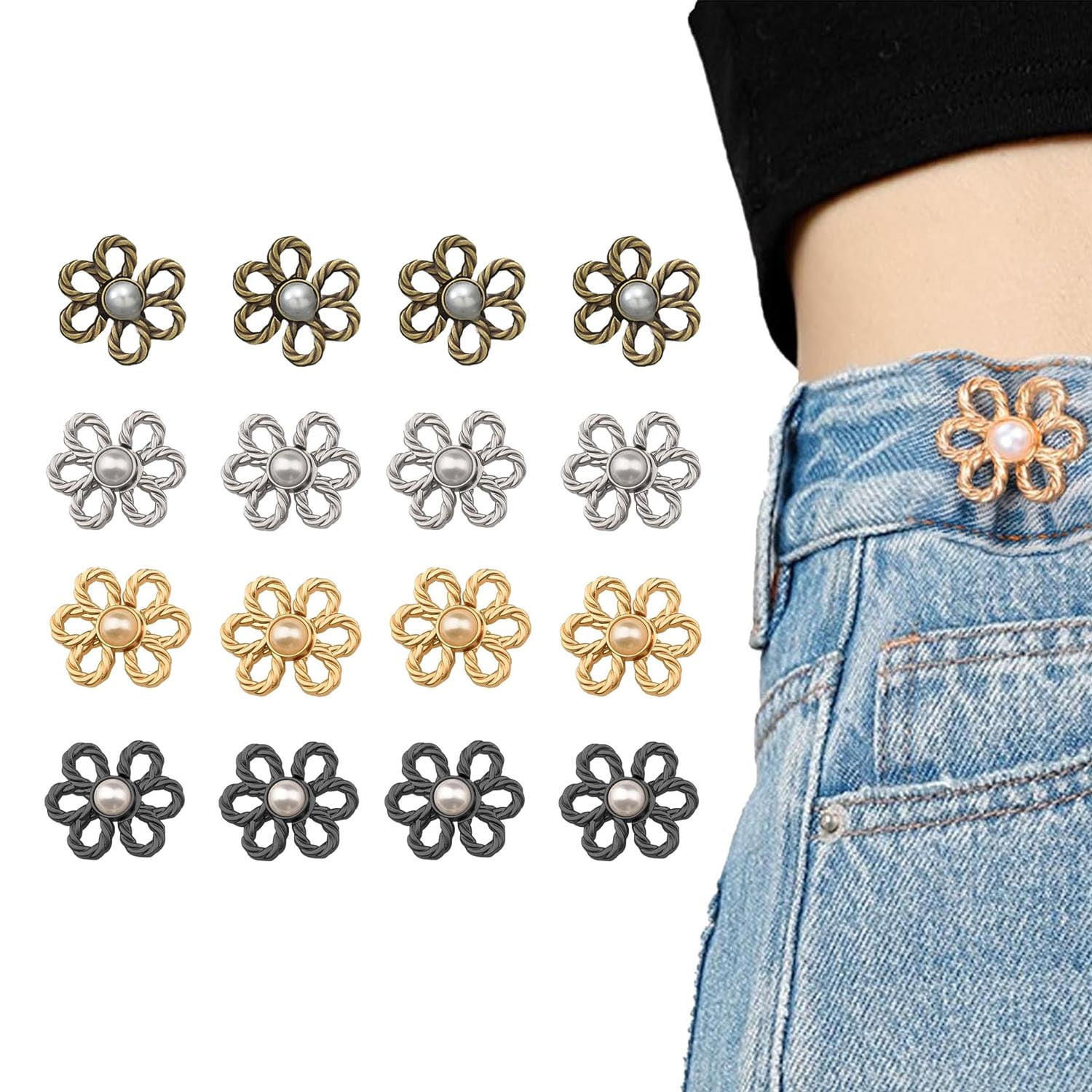 Pant Waist Tightener Flower Buttons Pins for Loose Jeans, Jean Buttons Pins, Adjustable Waists Buckle Sets No Sew, Reusable Waist Tightener 16PCS