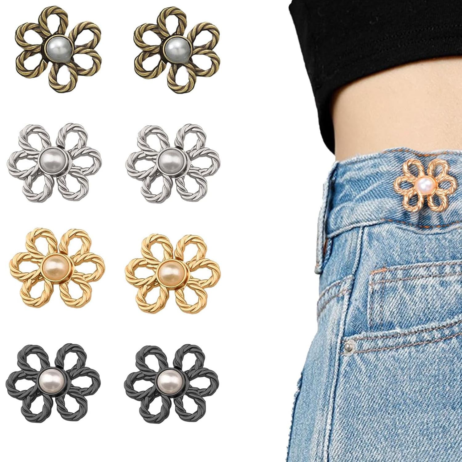 Pant Waist Tightener Flower Buttons Pins for Loose Jeans, Jean Buttons Pins, Adjustable Waists Buckle Sets No Sew, Reusable Waist Tightener 8PCS