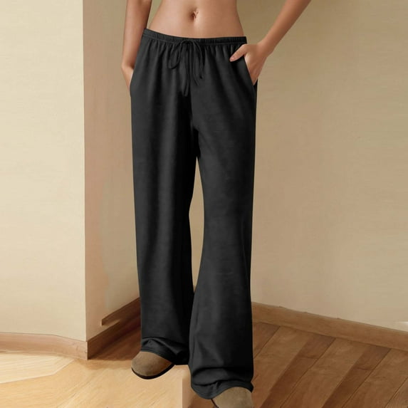 Pant for Women Ndbuld Women Solid Color Elastic Waist Sports Casual Pants With Side Pockets Black S