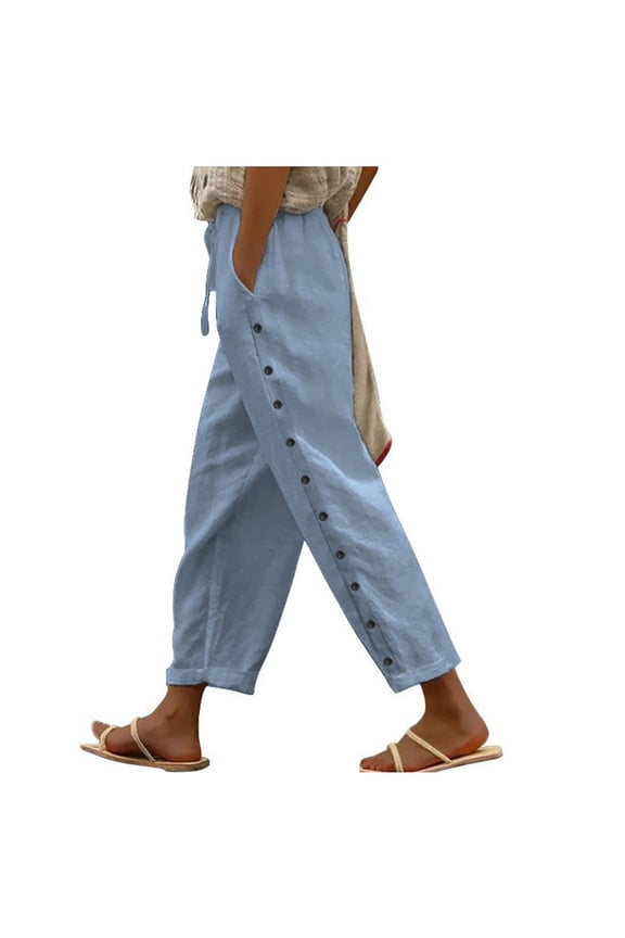 Pantalon Femme Women's Solid Color Elastic Waist Loose Side Button Decoration Versatile Nine Point Casual Pants Stretchy Work Pants for Women Brocade Women Womens Long Length Wide Imperious Y Gray XXL