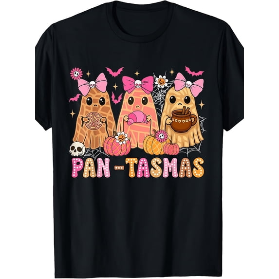 Pantasma Ghost Halloween Mexican Sweet Bread Dia De Los Muertos Graphic Tee for Men Women, Cute Spooky Bread Short Sleeve T-Shirt, Casual Crew Neck Top for Halloween Gift