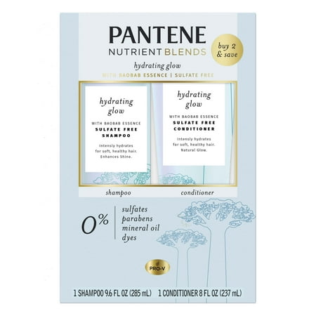 Pantene Shampoo and Conditioner Hydrating Glow, Sulfate-free with Baobab Essence, 9.6 fl oz+ 8 fl oz