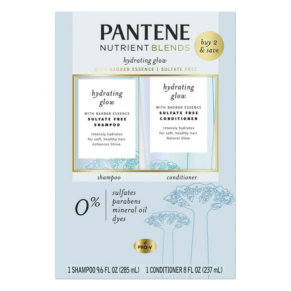 Pantene Hydrating Glow with Baobab Essence Sulfate-free Shampoo, 9.6 fl oz and Conditioner, 8 fl oz, All Hair Types