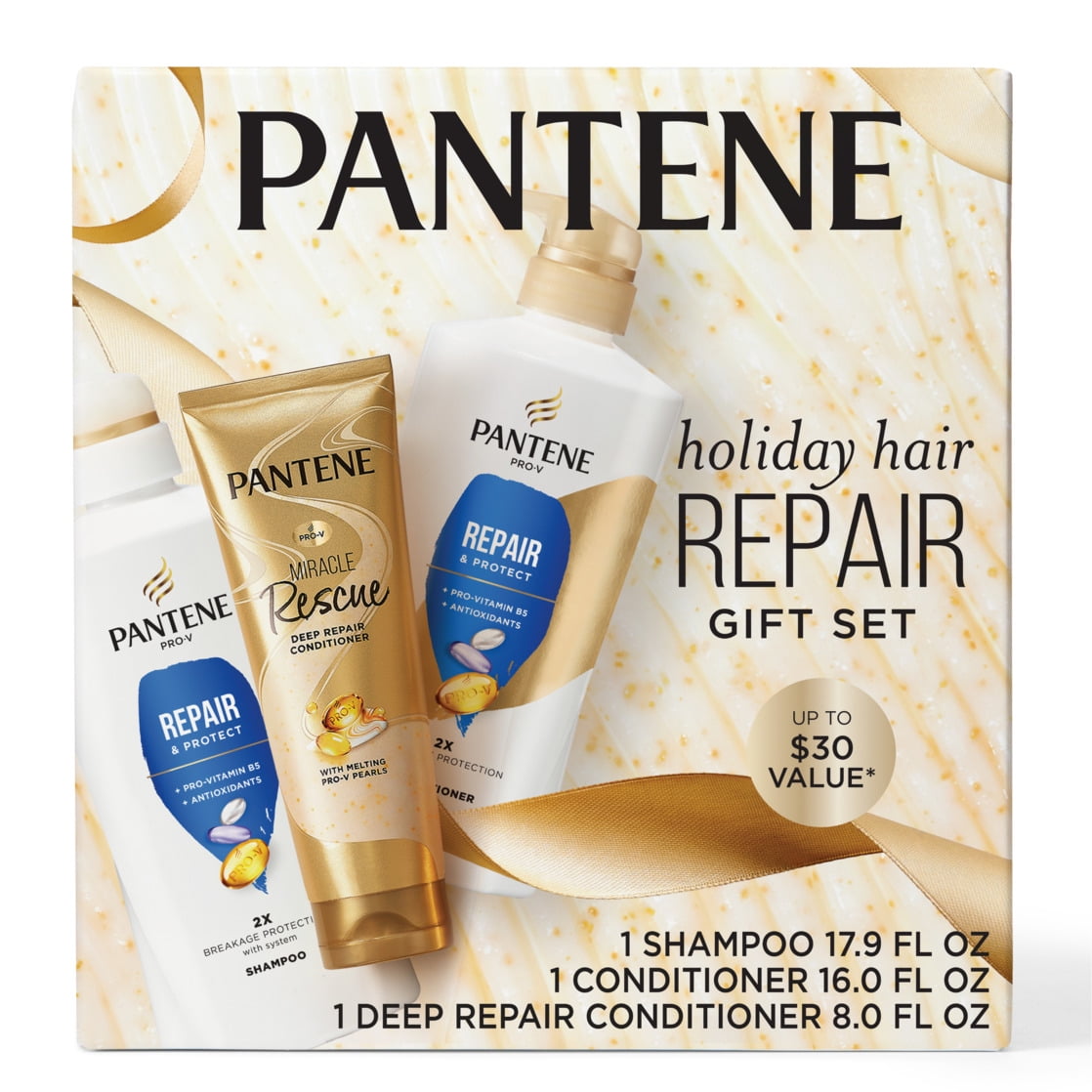 Pantene Holiday Hair Repair Gift Set, Repair & Protect 17.9 oz Shampoo, 16 oz Conditioner, 8 oz Deep Repair Conditioner