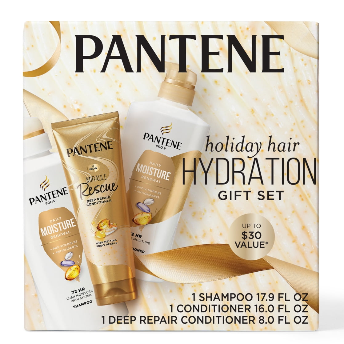 Pantene Holiday Hair Hydration Gift Set, Daily Moisture 17.9 oz Shampoo, 16 oz Conditioner, 8 oz Deep Repair Conditioner