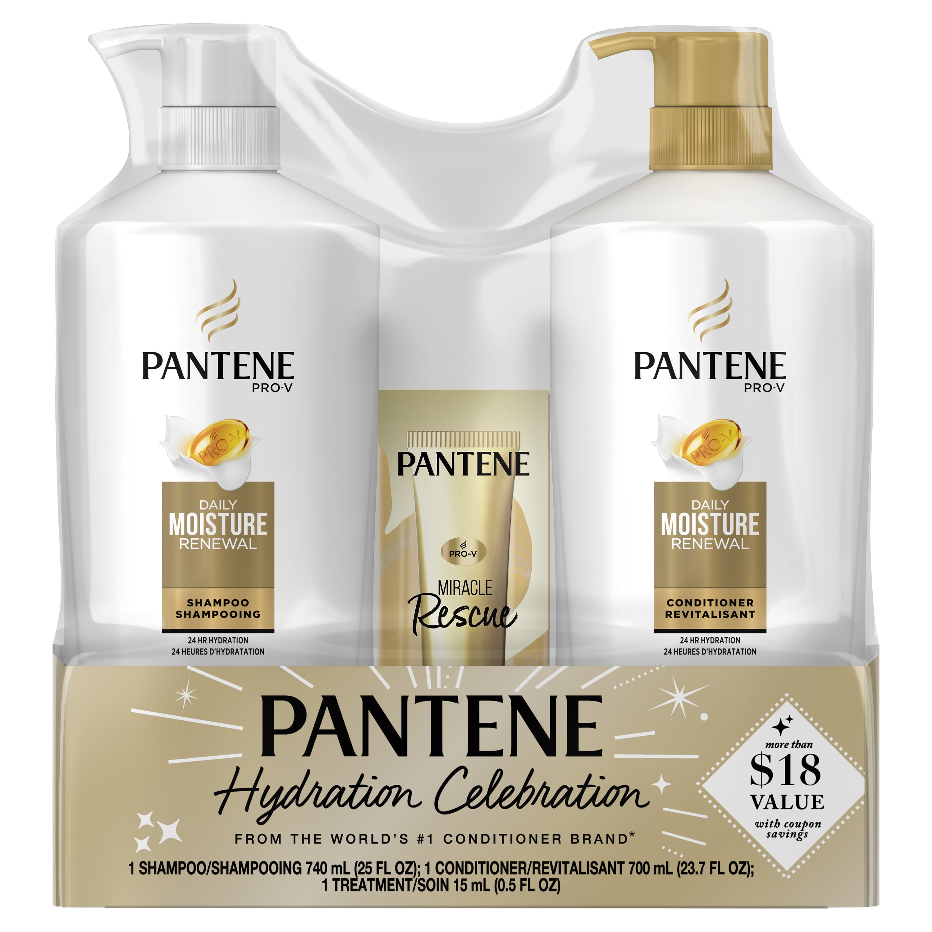 Pantene Pro-V Daily Moisture Renewal Pump Shampoo, Conditioner & Intense Rescue Shots Treatment, Holiday Gift Set, 3 Piece Walmart.com